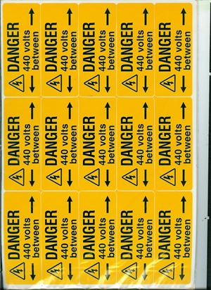 Danger - 440 Volts - <----Between---->  - 15 per Sheet  -  96x38mm - SAV SK3058